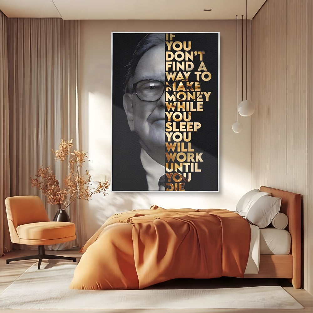 Tablou canvas cu tablou canvas cu warren buffett, in rama de aluminiu argintiu, pe perete intr-un dormitor